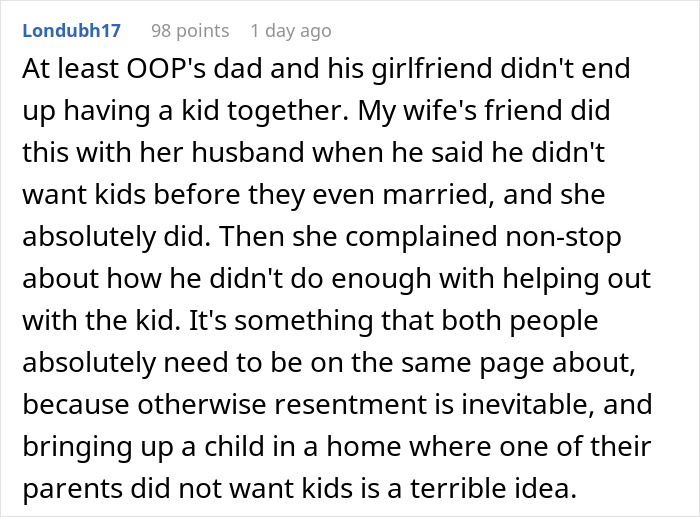 Comment discussing dad's girlfriend's baby fever and the daughter's horror over the pregnancy going overboard.