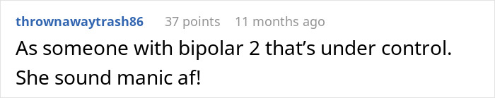 Comment discussing bipolar 2 disorder and manic behavior in context of psychiatric nurse and patient situation.