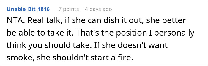 Screenshot of a Reddit comment about a woman firing back after sister insults her, causing family tension and confusion.