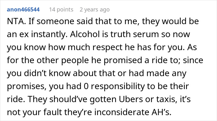 Comment discussing a woman telling her drunk boyfriend to stop acting like a jerk and his refusal to change behavior.