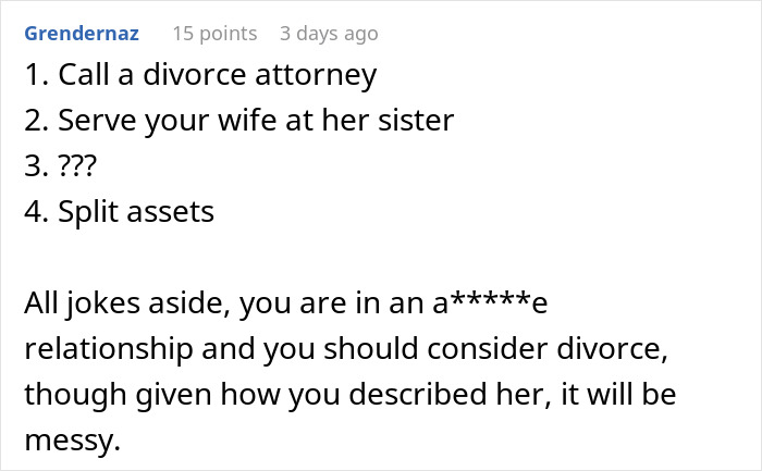 Comment discussing divorce advice after husband leaves wife over her wedding outfit plans, highlighting relationship issues.