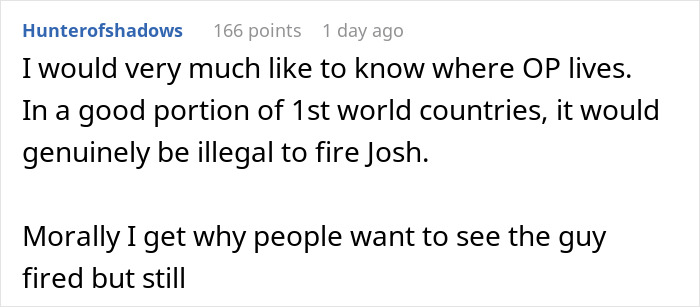 Screenshot of an online discussion about sister relationship cheater work drama and workplace firing legality.