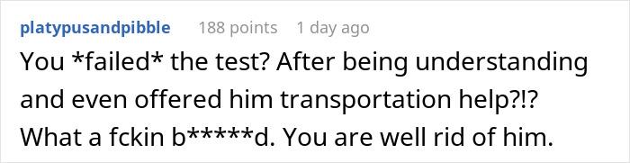 Comment discussing a first date gone wrong after a guy fakes an emergency but gets caught and fails the test.