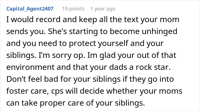 Screenshot of online comment advising to record texts for protection, related to teen escaping horrible family and step-father issues.