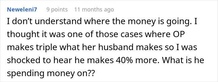Online comment discussing confusion over financial dynamics in a tired woman quiet quit marriage scenario.