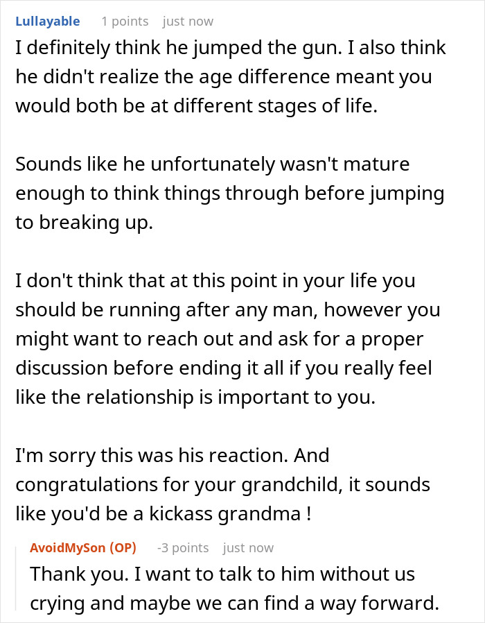 Commenter advises on boyfriend breakup and maturity, mentioning new grandma drama and relationship discussions moving forward.