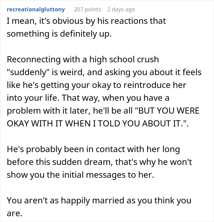 Alt text: Social media comment discussing a married man reconnecting with a woman he loved 15 years ago and related trust issues.