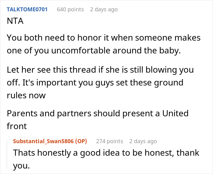 Online discussion about parenting boundaries and concerns involving autism and family interactions around a baby.