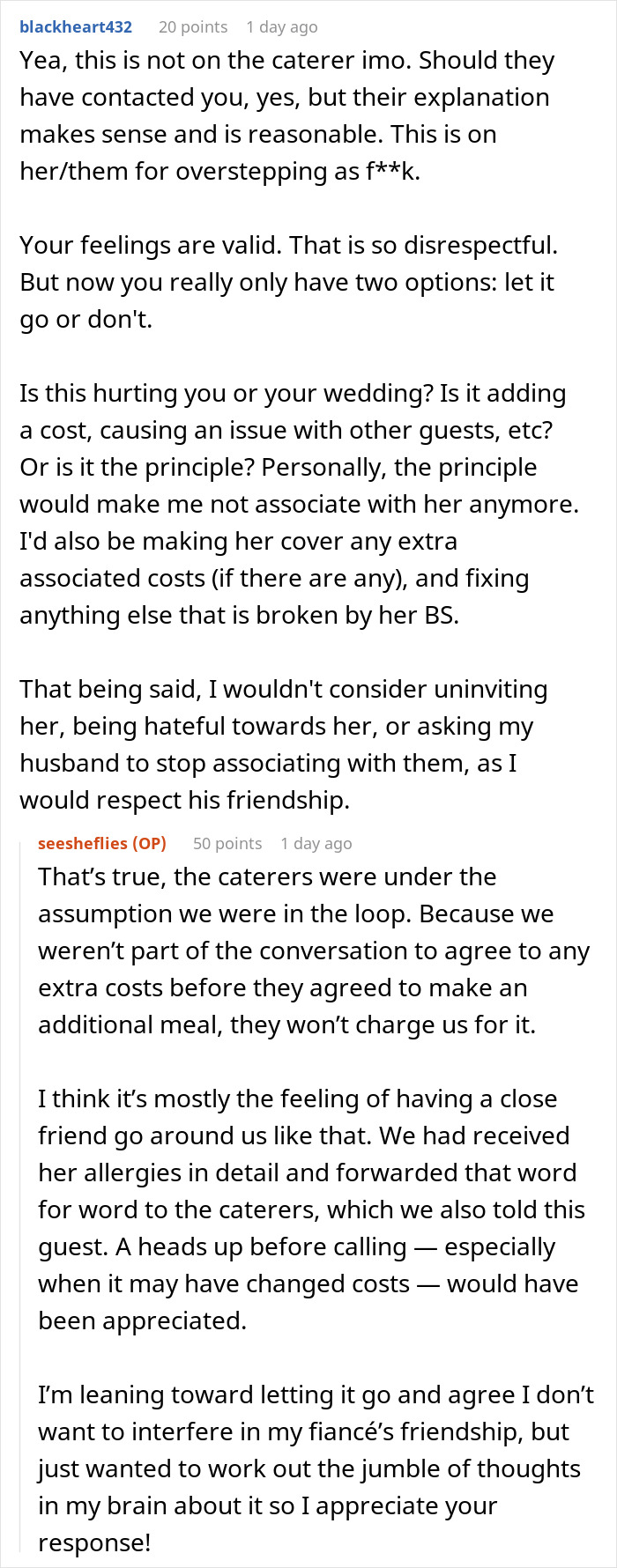 Forum discussion about woman who doesn’t want a vegetarian meal at friend’s wedding contacting the caterers secretly. Forum discussion about woman who doesn’t want a vegetarian meal at friend’s wedding contacting the caterers secretly.