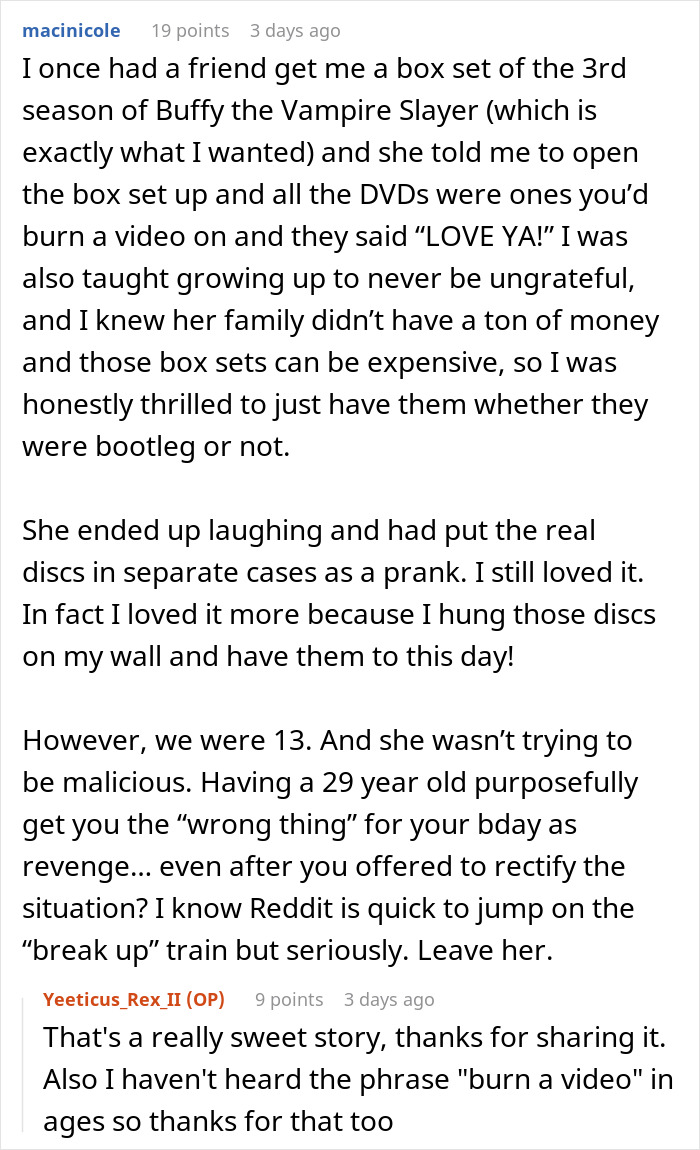 Woman upset boyfriend likes her gift, surprised as she expected him to dump her after giving the present.