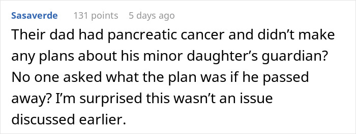 Comment discussing lack of plans for minor daughter's guardian after dad&rsquo;s pancreatic cancer diagnosis and wife refusing adoption.