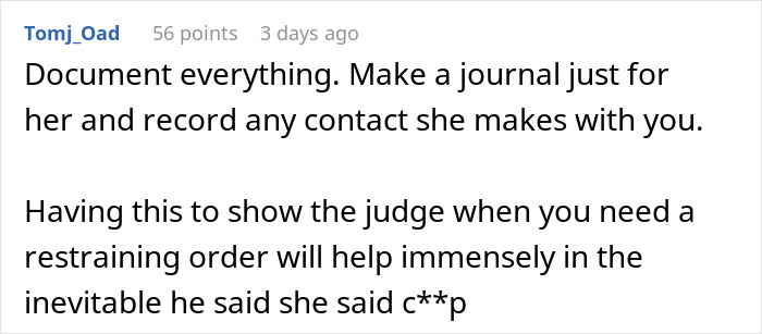 Screenshot of an online forum comment advising to document interactions with an unhinged neighbor for legal protection.