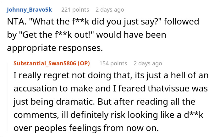 Screenshot of a Reddit conversation about a mom laughing off a creepy comment while dad reacts protectively near their baby.