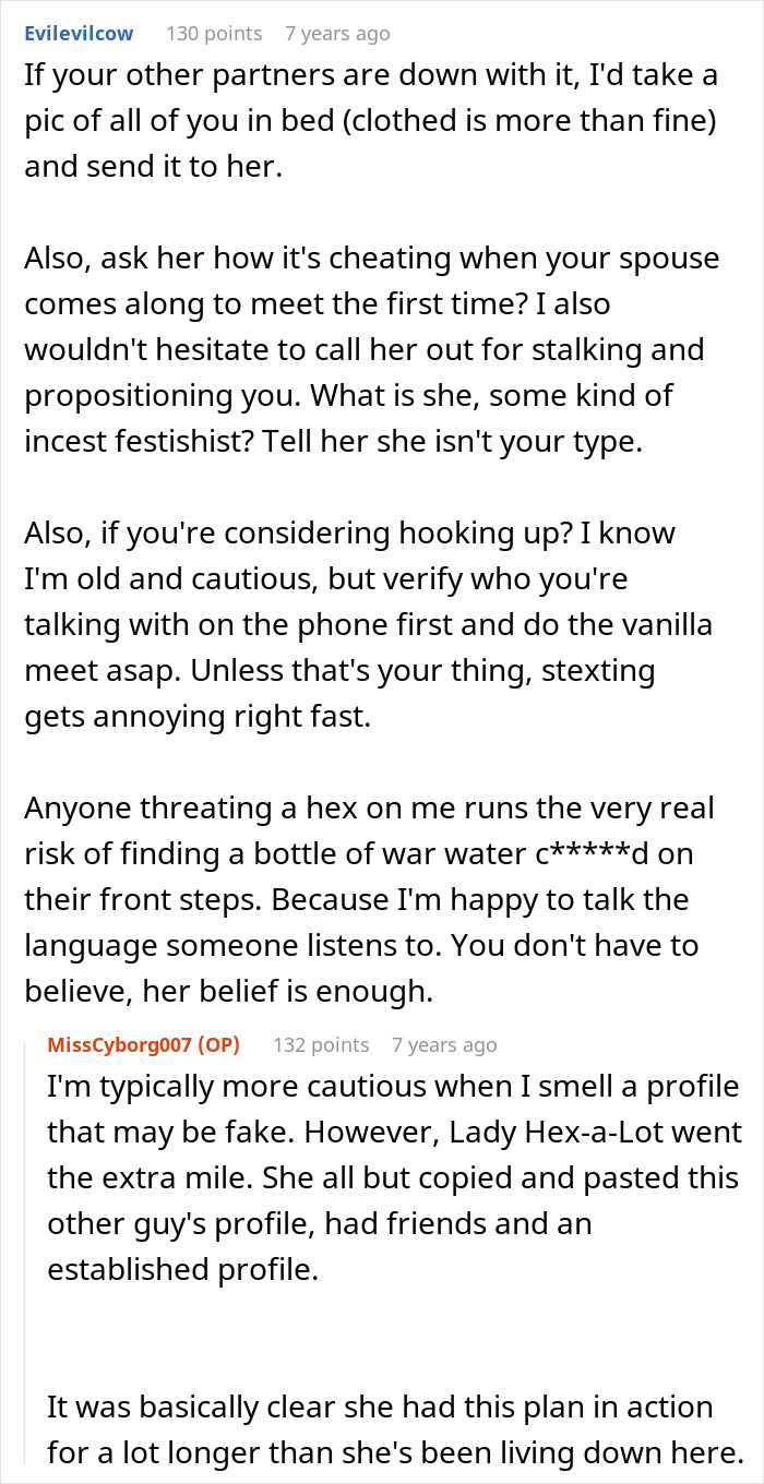 Text conversation discussing caution about fake profiles and warning about a MIL tries to catfish woman to prove she&rsquo;s cheating.