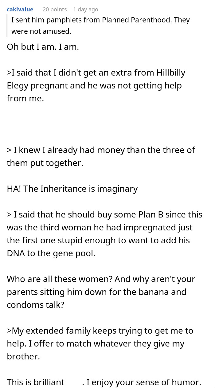 Screenshot of a user comment discussing refusing to help spoiled brother and family conflict over inheritance and support.