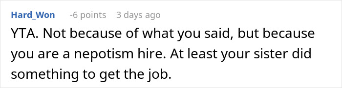 Screenshot of a Reddit comment discussing a woman firing back after her sister insults her, causing confusion and reaction.