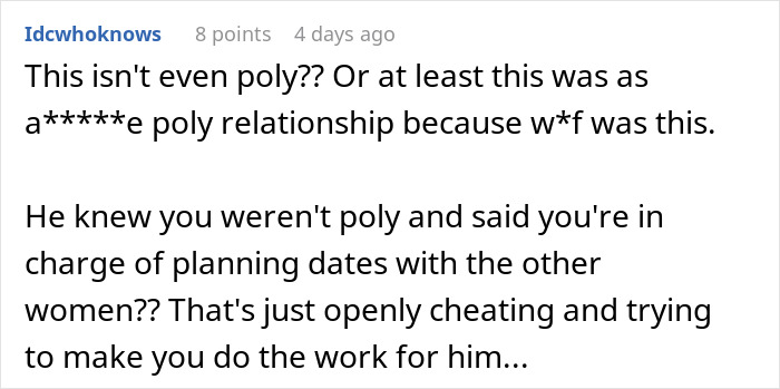 Comment discussing a woman&rsquo;s experience with polyamory, highlighting feelings of regret and lack of consent in the relationship.