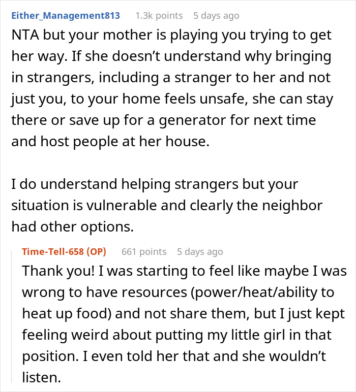 Reddit conversation about rising temperatures during snowstorm after refusing to house mom&rsquo;s neighbor and their dog.