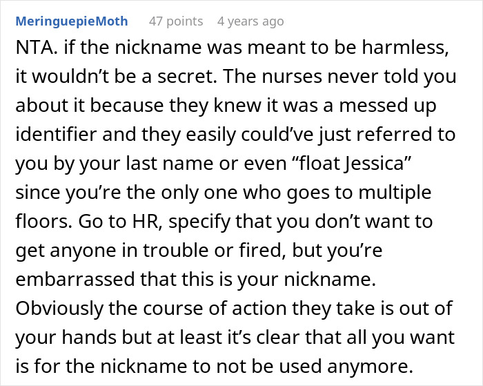 Comment about embarrassment over work nickname and man buying wife new bras after learning it.