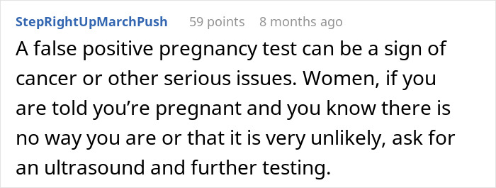 Comment about false positive pregnancy test warning, highlighting confusion in a lesbian couple when partner is pregnant.