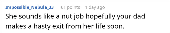 Text comment on social media about a woman trying to enforce family rules on boyfriend&rsquo;s son who doesn&rsquo;t live with them.