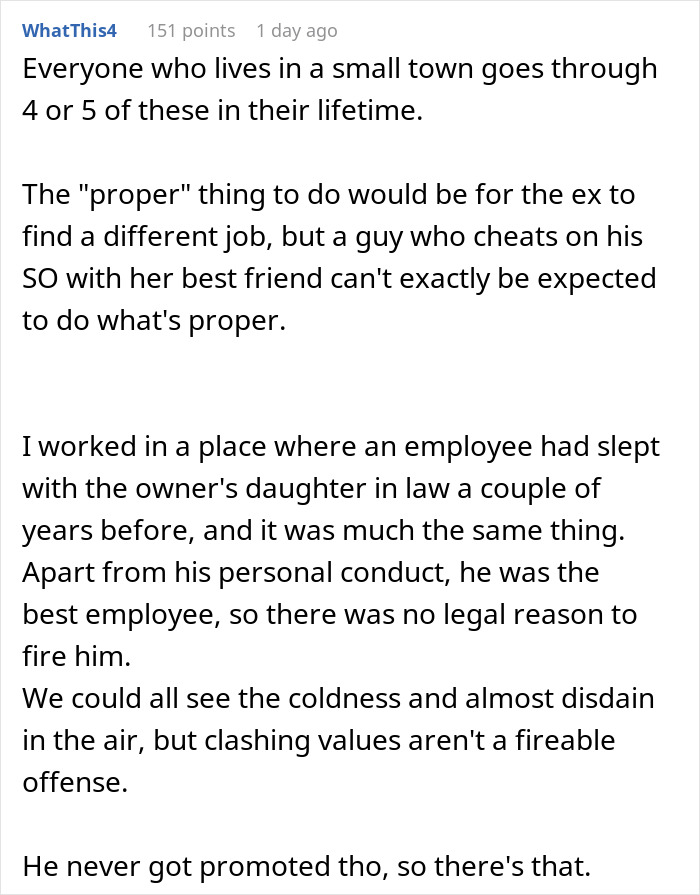 Text post discussing sister relationship cheater work drama involving betrayal and workplace tension over personal conduct.