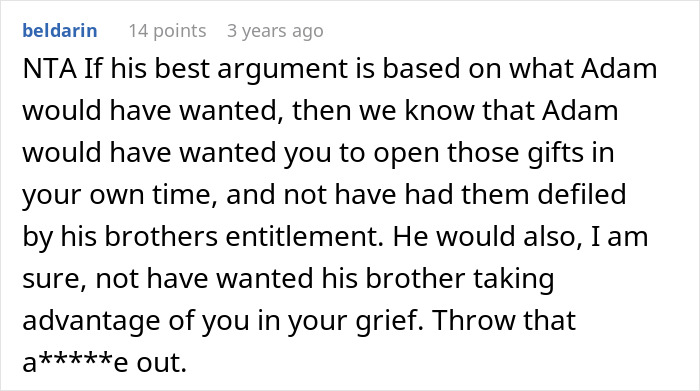 Screenshot of a forum comment discussing a woman kicking late husband's brother and his kids out after entitlement issues.