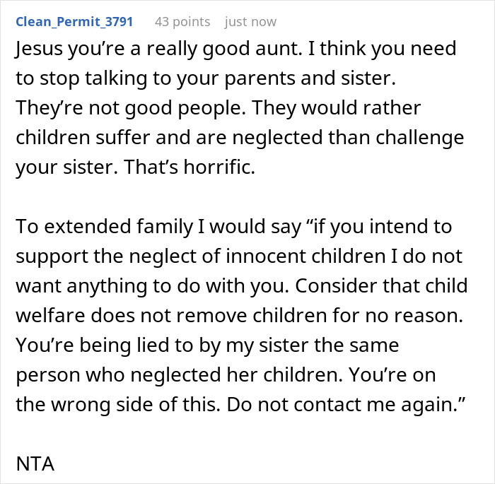 Comment text discussing a neglectful mom and family defending her despite concerns raised by the ignored sister.