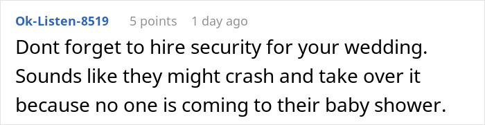 Screenshot of a comment warning to hire security for a wedding due to drama and a concurrent baby shower on the same day.