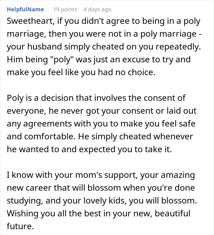 Comment explaining a woman&rsquo;s realization and decision to leave a polyamory relationship she never wanted.