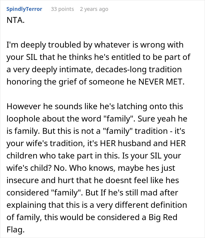 Text post discussing family visits to late wife’s grave as private tradition and conflicts when kids’ spouses want to join. Text post discussing family visits to late wife’s grave as private tradition and conflicts when kids’ spouses want to join.