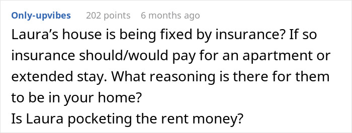 Text comment discussing a man kicking his family out after his wife discovers the real reason they had to move in.