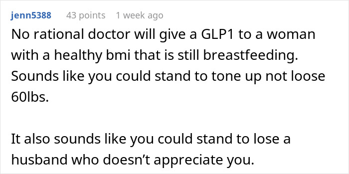 Screenshot of a comment criticizing a man pressuring his wife to use prescription meds to lose weight after childbirth.