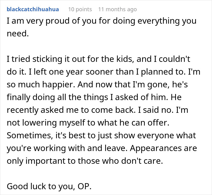 Comment screenshot showing a user expressing pride and advice on leaving a marriage, relating to tired woman quiet quit marriage.