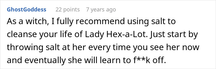 Screenshot of an online comment by GhostGoddess recommending salt to cleanse life from Lady Hex-a-Lot negativity.