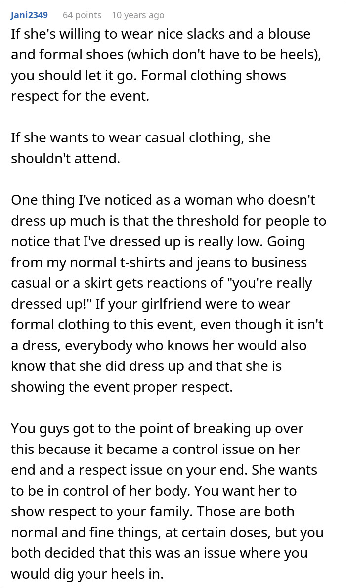 Comment discussing respect and control issues when a girlfriend refuses to wear dresses for a wedding event.