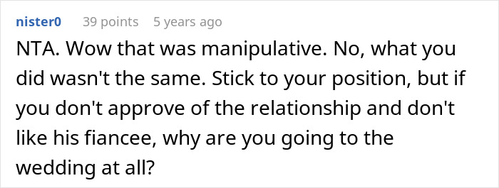 Screenshot of a Reddit comment discussing refusal to support dad and his mistress at wedding as best woman.