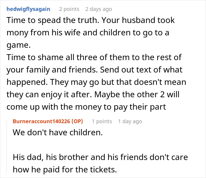 Reddit comments discussing a jobless spouse draining emergency fund for essential World Cup tickets, sparking family conflict.