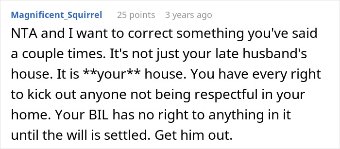 Comment about woman kicking late husband's brother and his kids out of her house over respect and belongings use