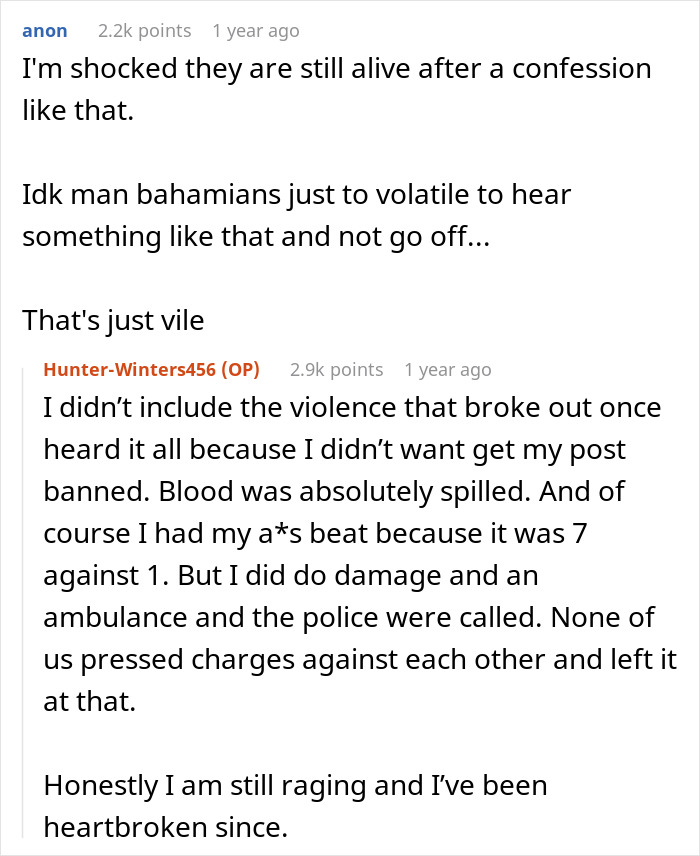 Reddit conversation about male relatives and friends ruining a guy&rsquo;s marriage to get with his ex-wife and being cut from his life.