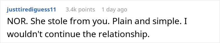 Comment text showing a user discussing a girlfriend playing the victim after using her boyfriend's credit card without permission.