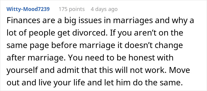 Comment about finances causing marriage issues and the importance of honesty before marriage for financial stability.