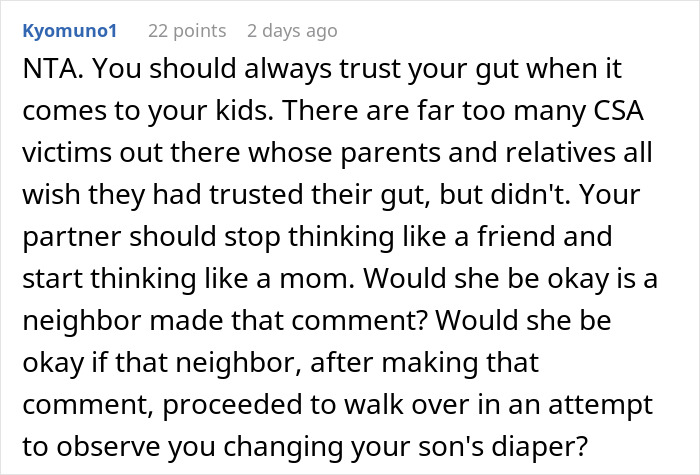 Screenshot of an online comment discussing trusting parental instincts about creepy comments near an autistic child.