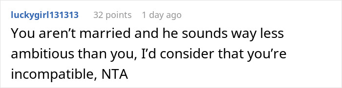 Comment from user luckygirl131313 discussing a woman&rsquo;s boyfriend feeling threatened by her success and ambition.