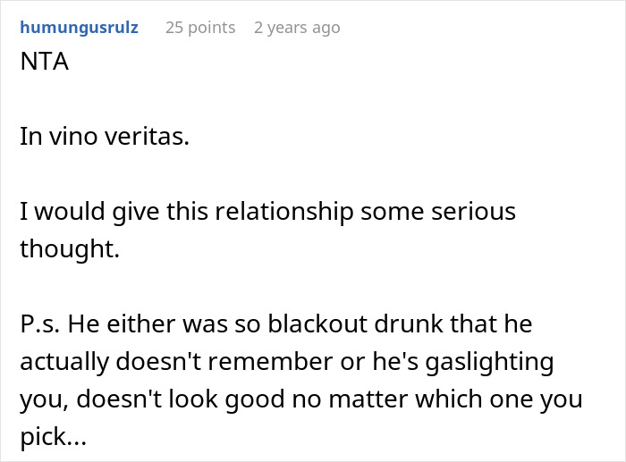 Comment on woman telling drunk boyfriend to stop acting like a jerk, highlighting relationship and refusal issues.