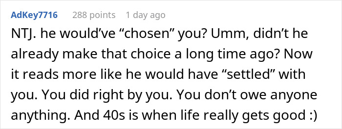 Comment discussing a gym affair and the wife's decision to walk away, highlighting themes of freedom and marriage.