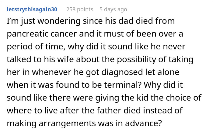 Commenter questioning why the wife refused to adopt underage sister after the father&rsquo;s pancreatic cancer diagnosis.