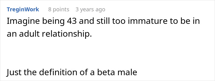 Screenshot of an online comment mocking a 43-year-old man for immaturity in a relationship, related to Ms. Frizzle dressing debate.