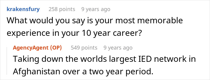 Screenshot of an online Ask Me Anything where a former CIA case officer shares a memorable career experience.