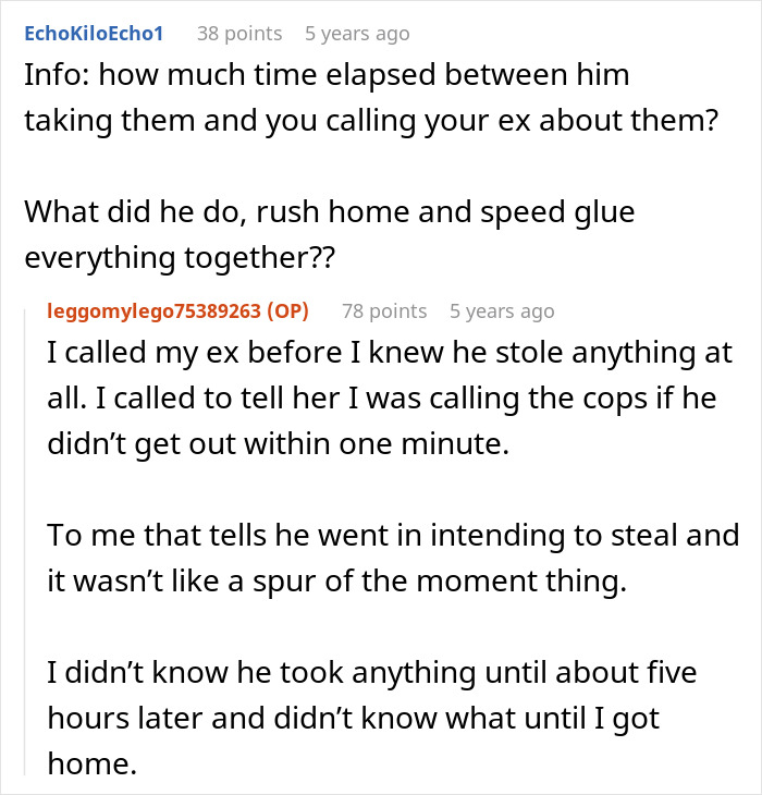 Reddit discussion about cheating ex-wife&rsquo;s boyfriend stealing expensive Lego sets and subsequent police involvement.